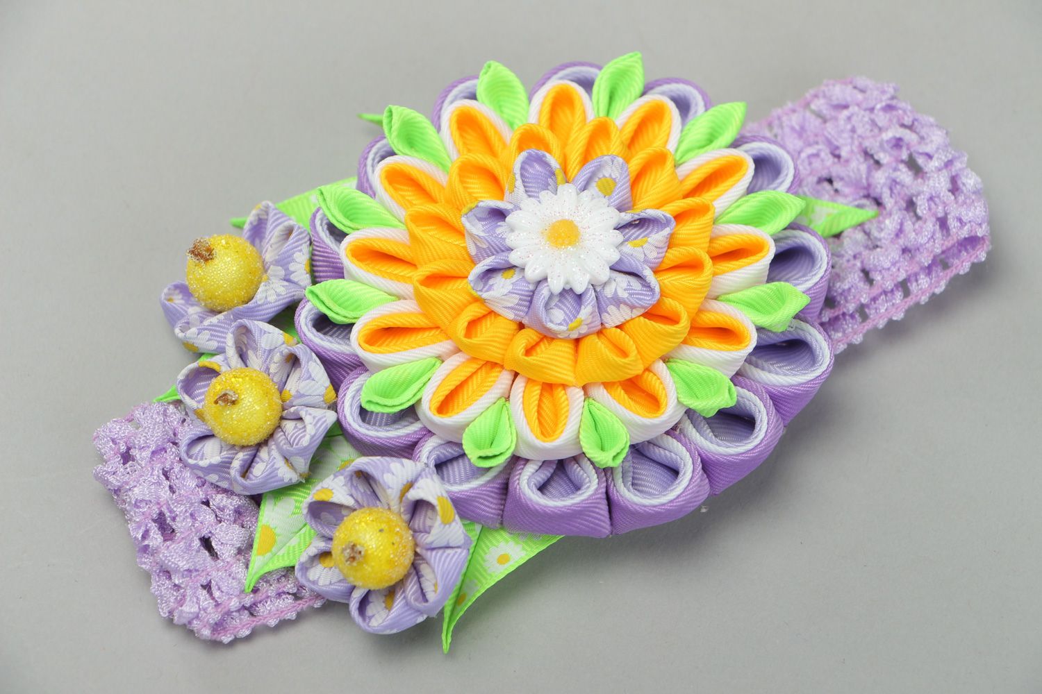 Stylish colorful handmade headband with kanzashi flower made of rep ribbons  photo 1