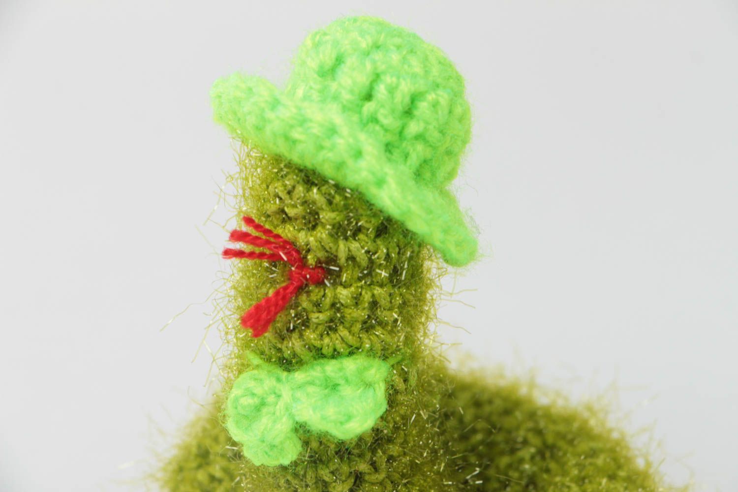 Beautiful handmade soft toy crocheted of acrylic threads green snake in hat photo 4