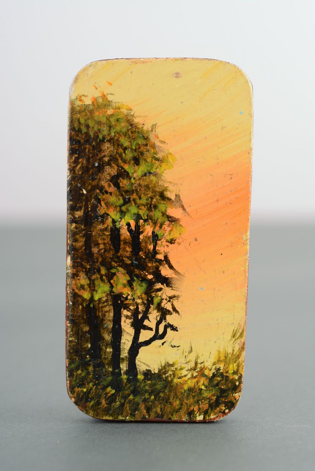 Aimant frigo en bois naturel avec paysage Coucher du soleil fait main décor photo 1