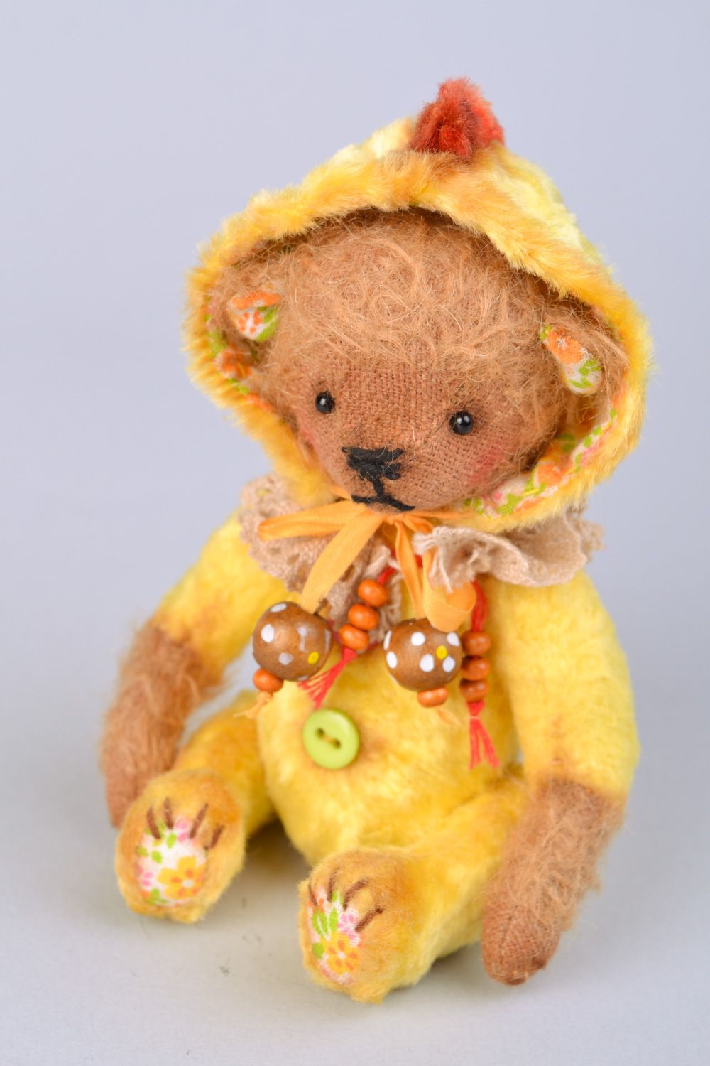 Handmade vintage designer soft plush toy Bear in costume of chicken photo 1