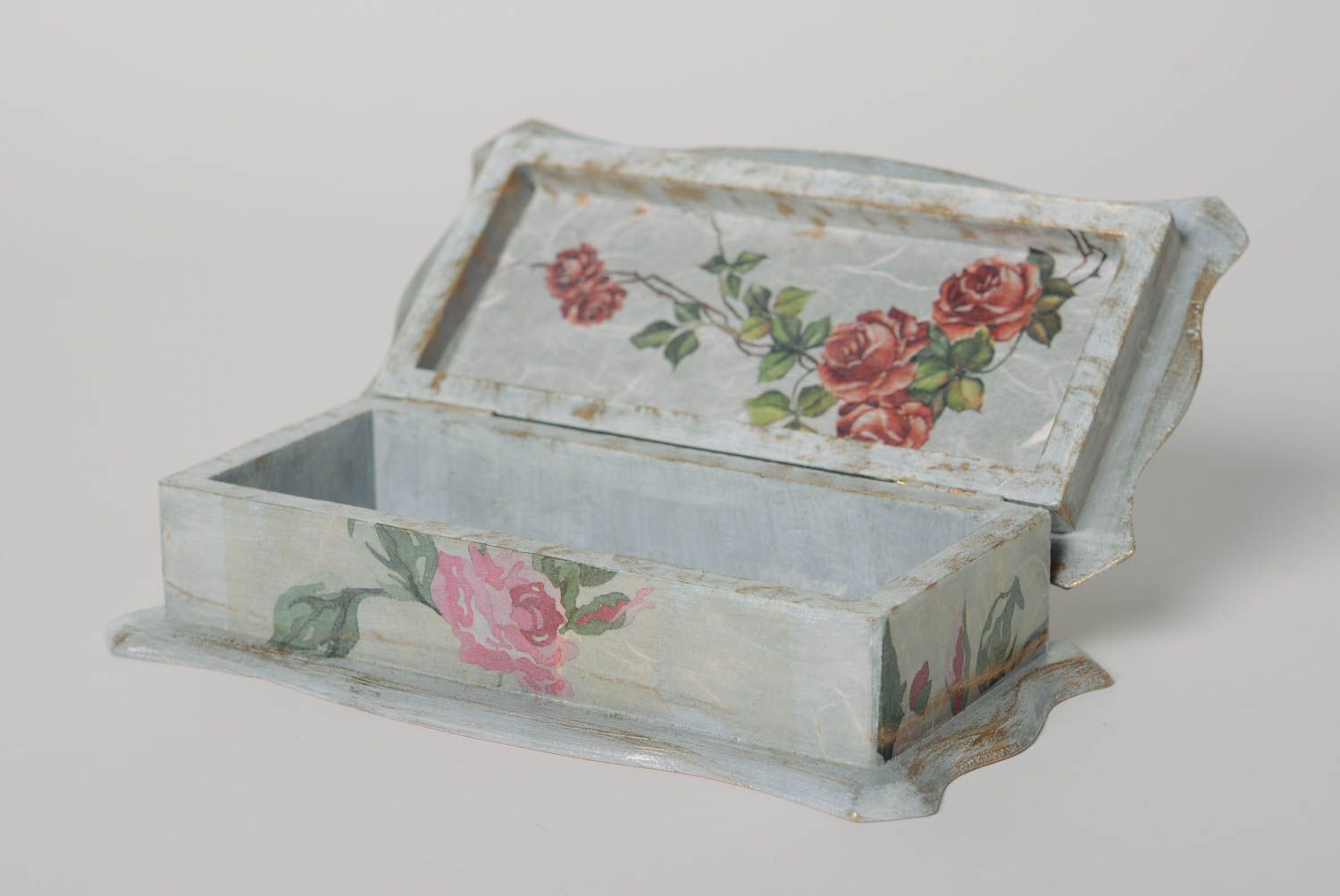 Coffret rectangulaire en bois à bijoux serviettage fait main Roses vintages photo 4