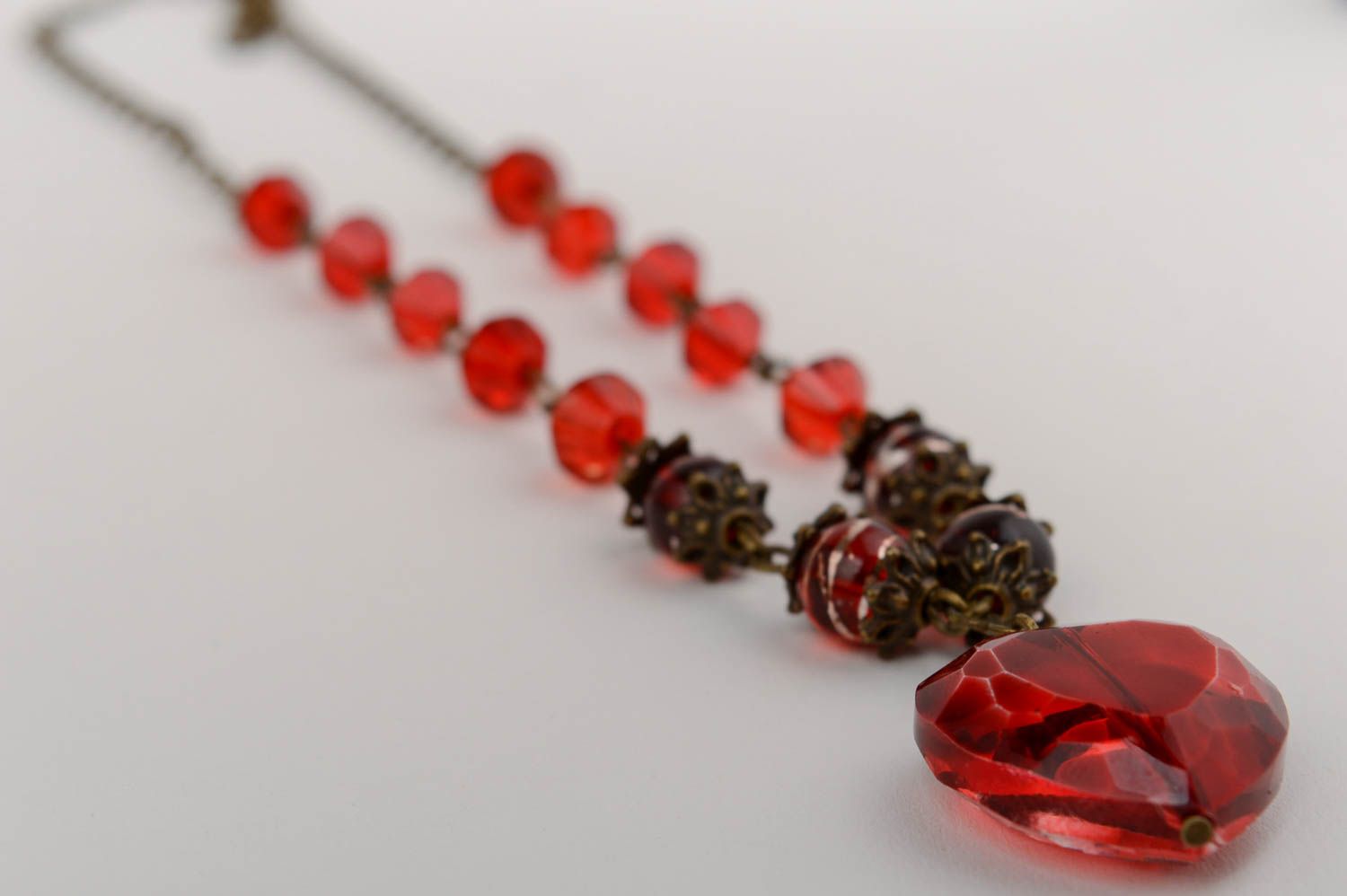 Handmade designer necklace with red Czech crystal and heart shaped pendant photo 3