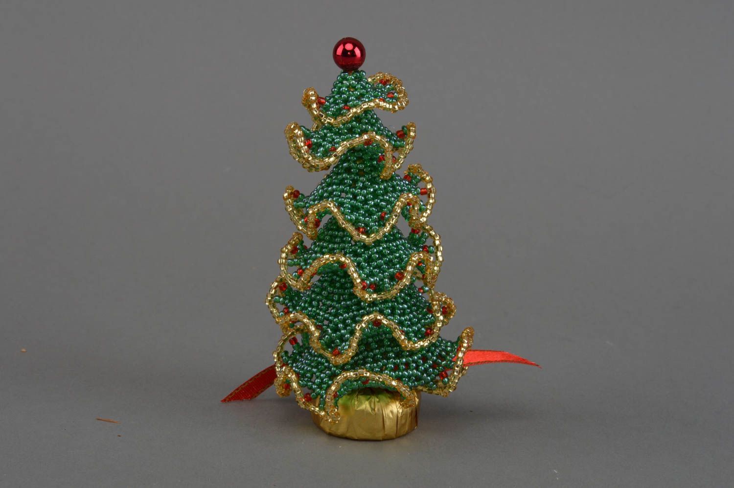 Unusual handmade woven bead statuette of green Christmas tree designer decor photo 3