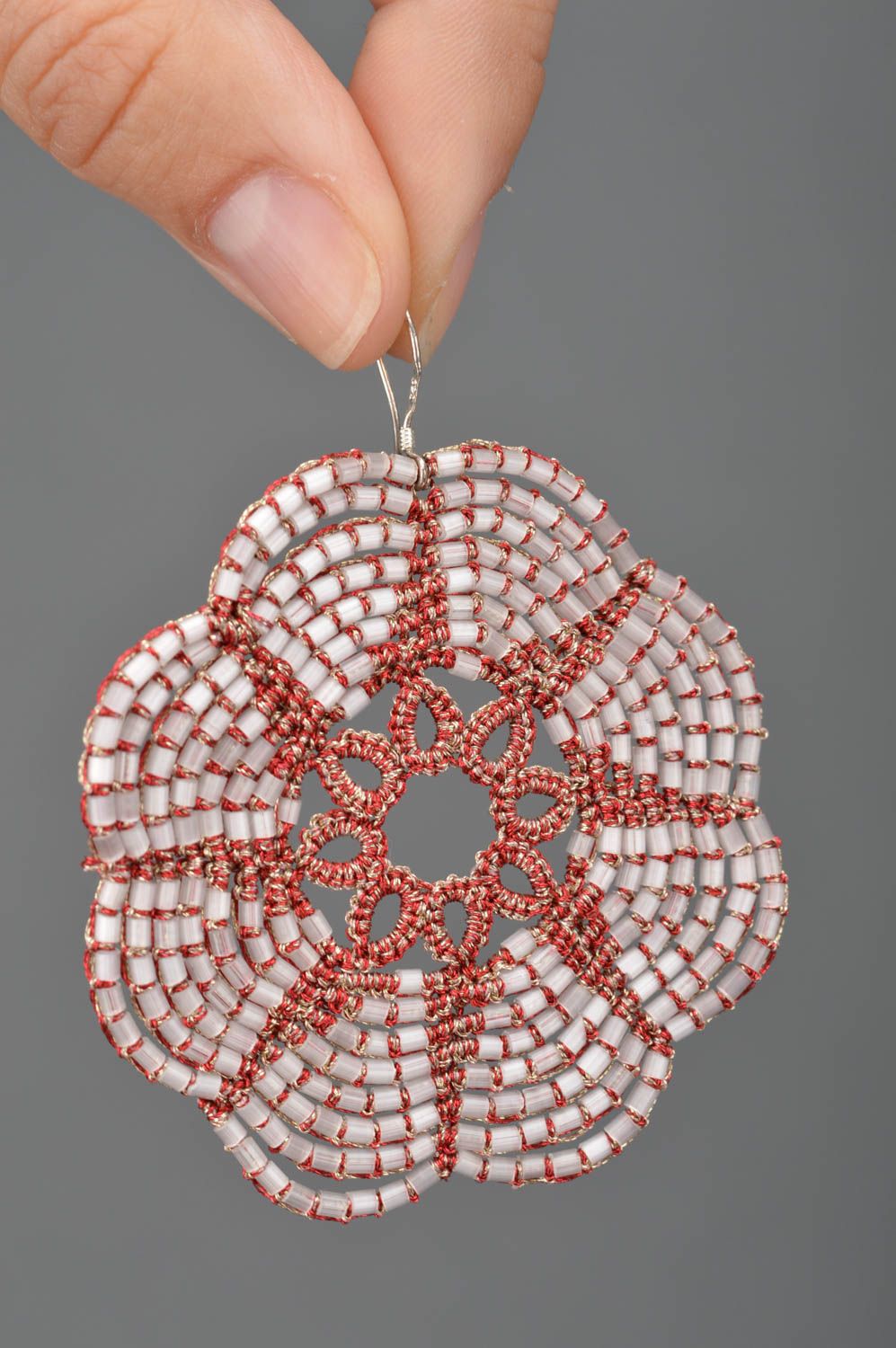 Vinous flower handmade earrings made using tatting technique with Czech beads photo 3