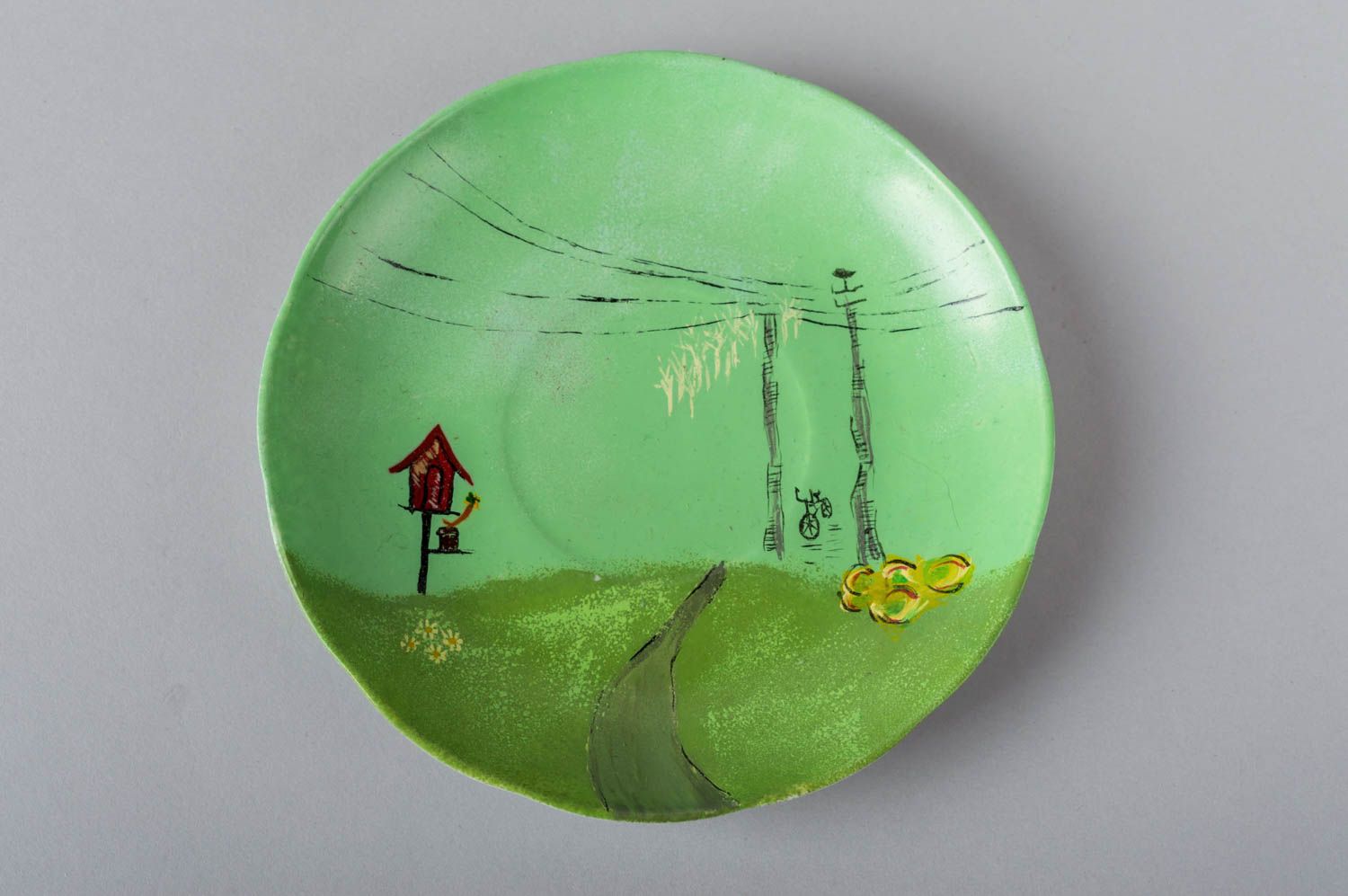 Глиняная чашка с блюдцем ручной работы авторская красивая в зеленых тонах  фото 3