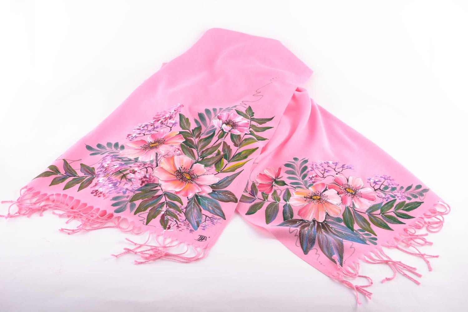 Foulard rose en cachemire avec tissu effiloché fait main et original pour femme photo 4