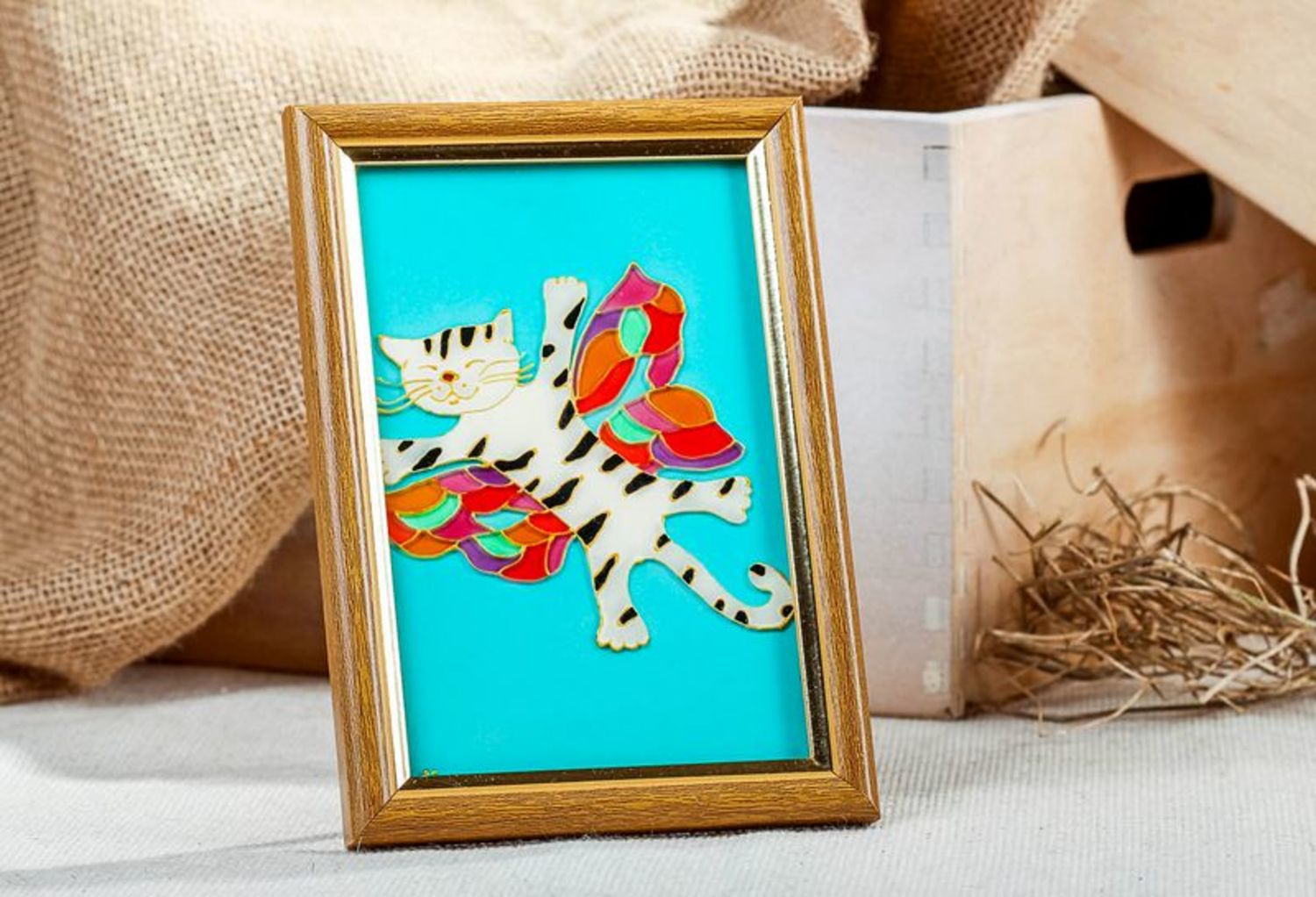Stained glass picture in wooden frame Flying cat photo 1