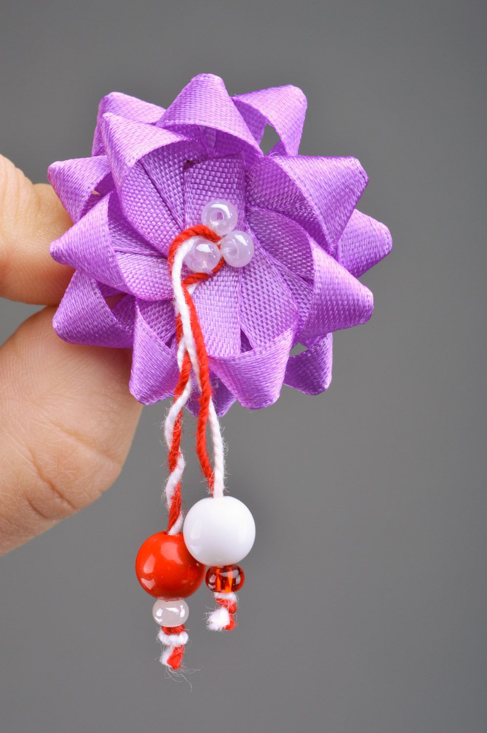 Handmade decorative hair pin with violet satin ribbon flower with beads photo 3