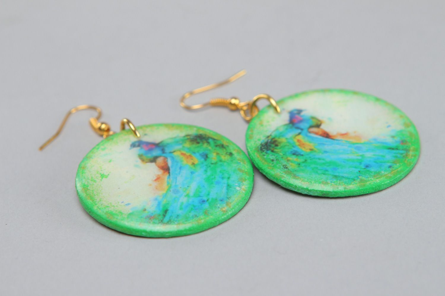 Handmade polymer clay earrings with print coated with epoxy resin Peacock photo 2