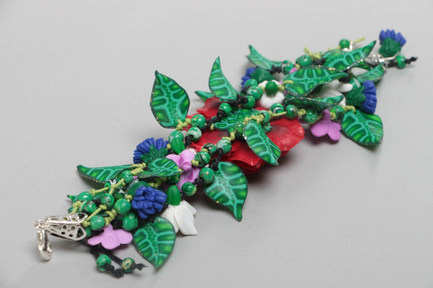Handmade summer bracelet made of polymer clay with different flowers on chain photo 5
