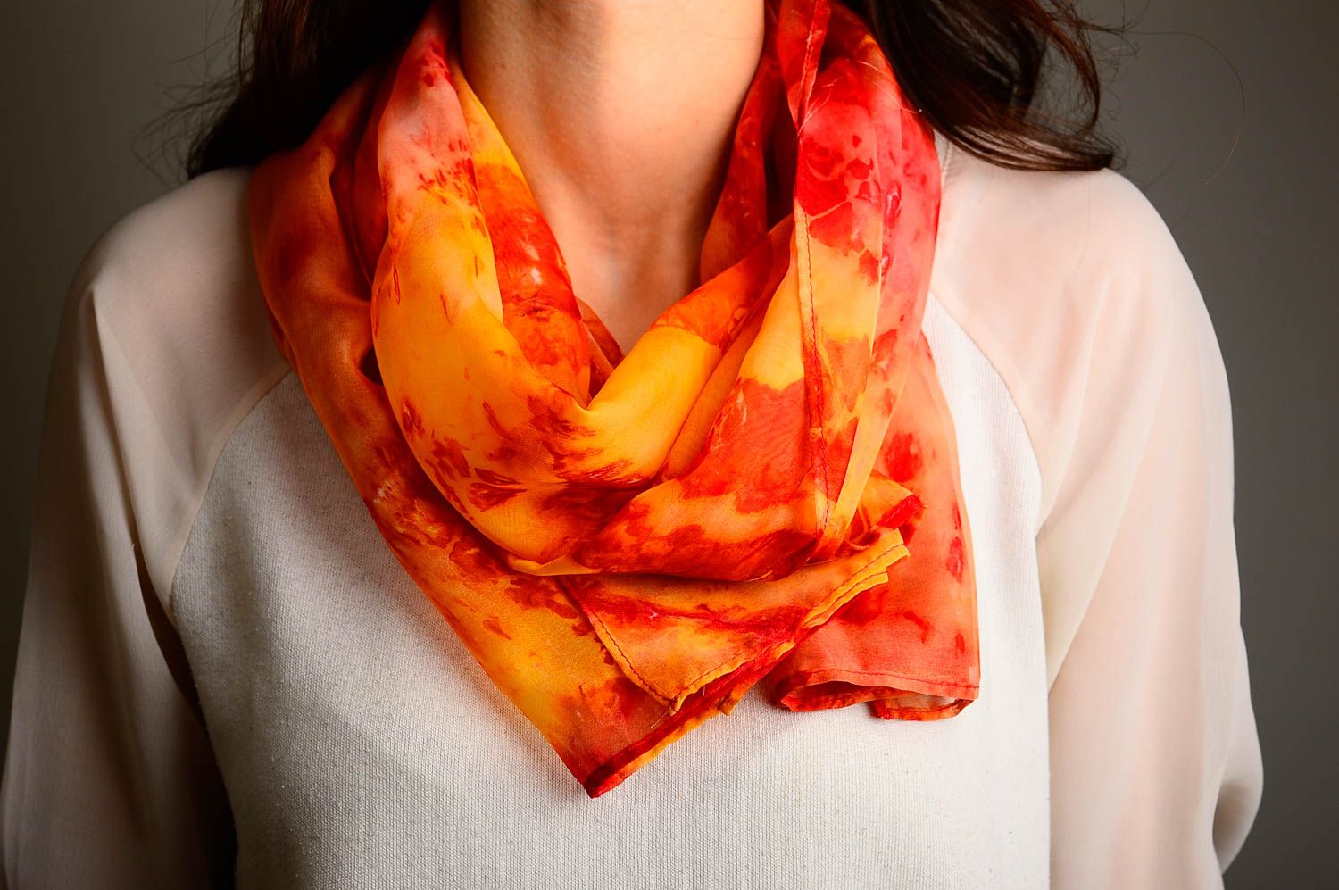 Шарф ручной работы женский шарф огненно красный шифоновый шарф крсивый фото 1