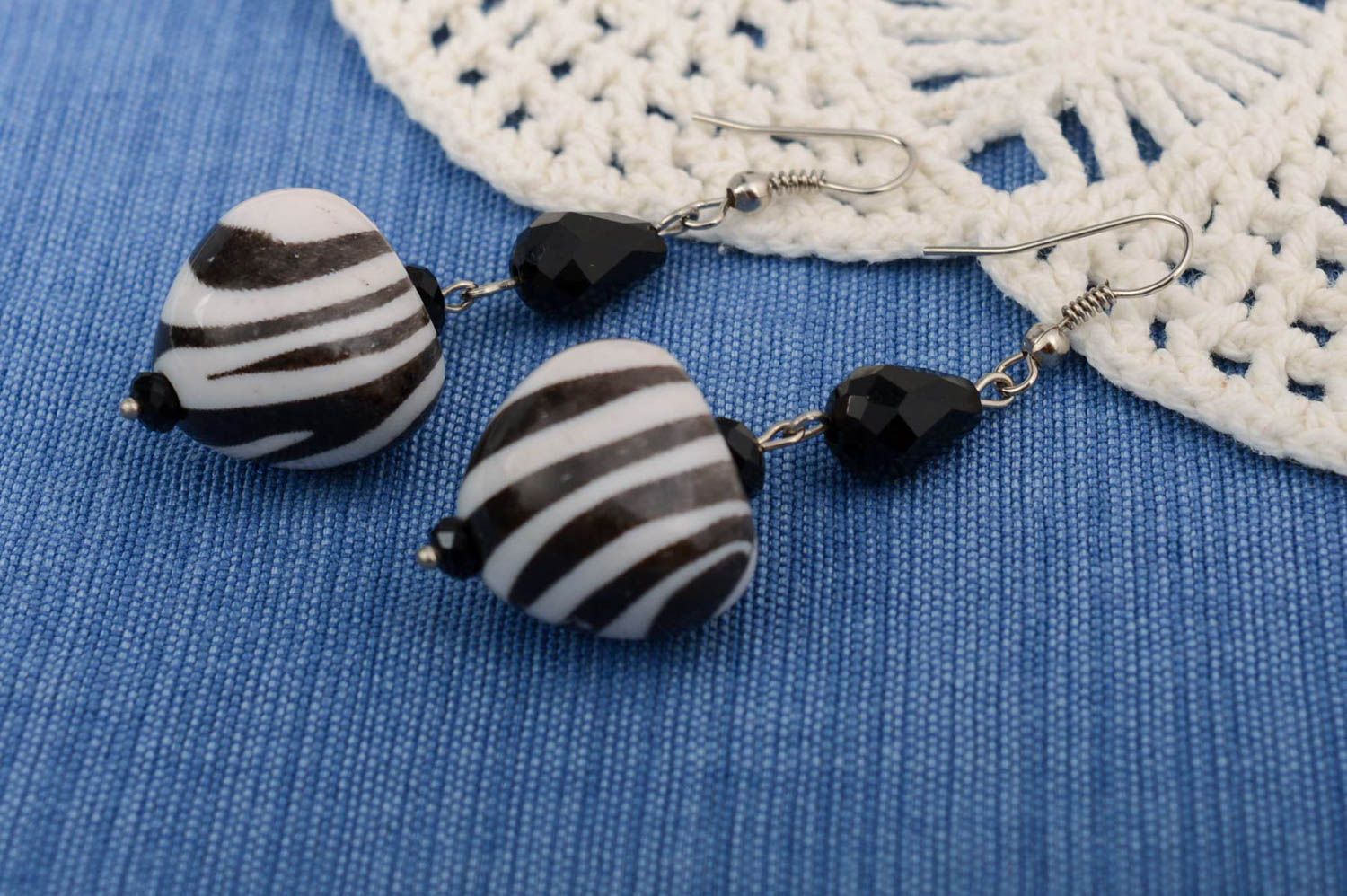 Handmade black and white Czech crystal and plastic heart shaped earrings  photo 1