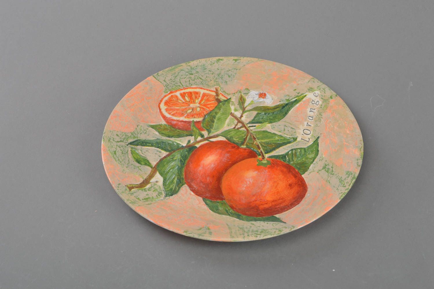 Стеклянная тарелка в технике декупаж ручной работы для декора дома Апельсины фото 1