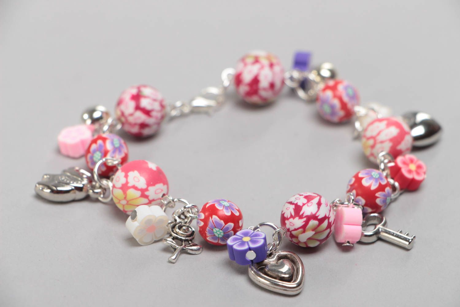 Colorful handmade children's design polymer clay wrist bracelet with charms photo 2