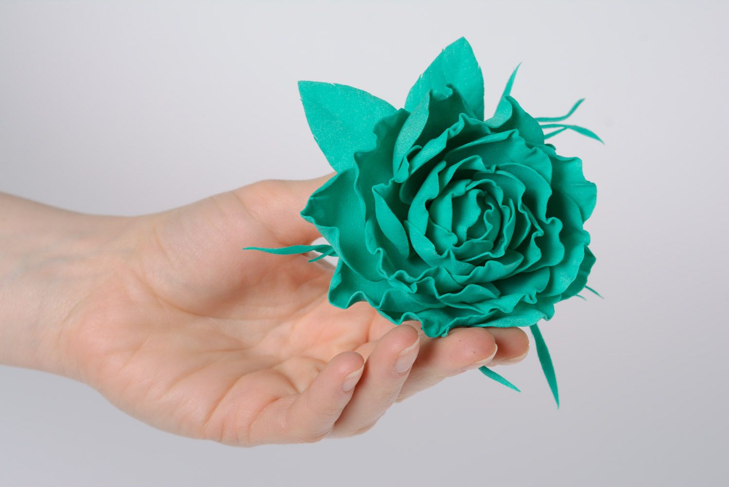 Beautiful handmade foamiran fabric flower hair clip of emerald color photo 2