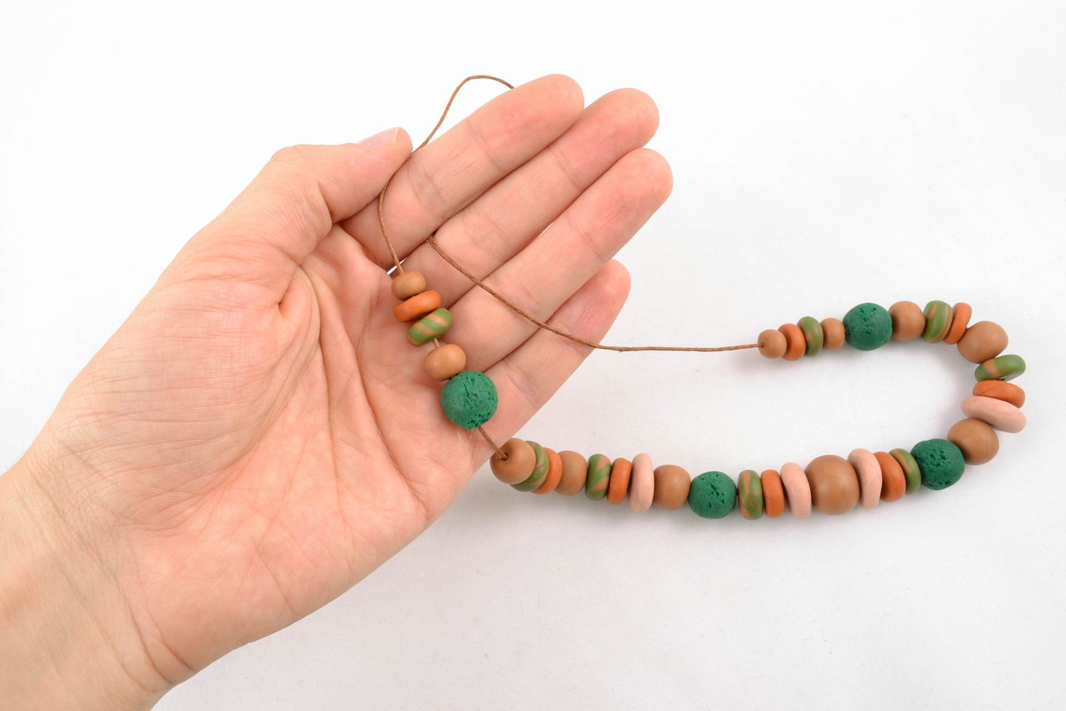 Clay beads necklace for women in brown, blue, and orange colors photo 5