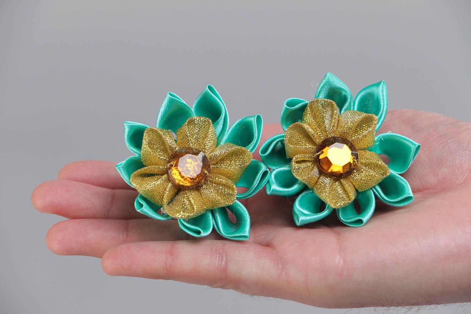 Handmade decorative hair ties with colorful kanzashi flowers set of 2 items photo 5