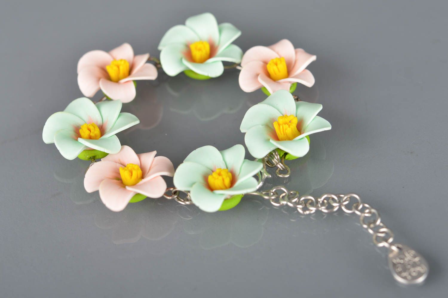 Beautiful handmade metal chain bracelet with gentle polymer clay flowers photo 1