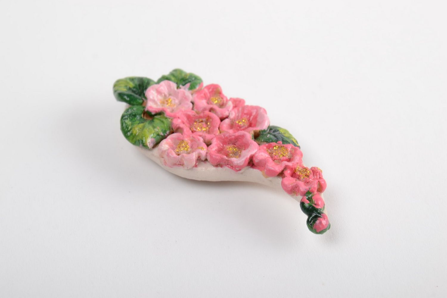 Aimant frigo artisanal rose avec fleurs de forme originale fait main peint photo 5