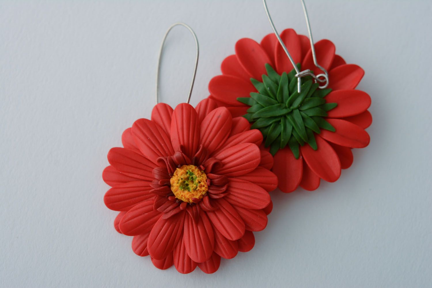 Polymer clay floral earrings Red Gerberas photo 4