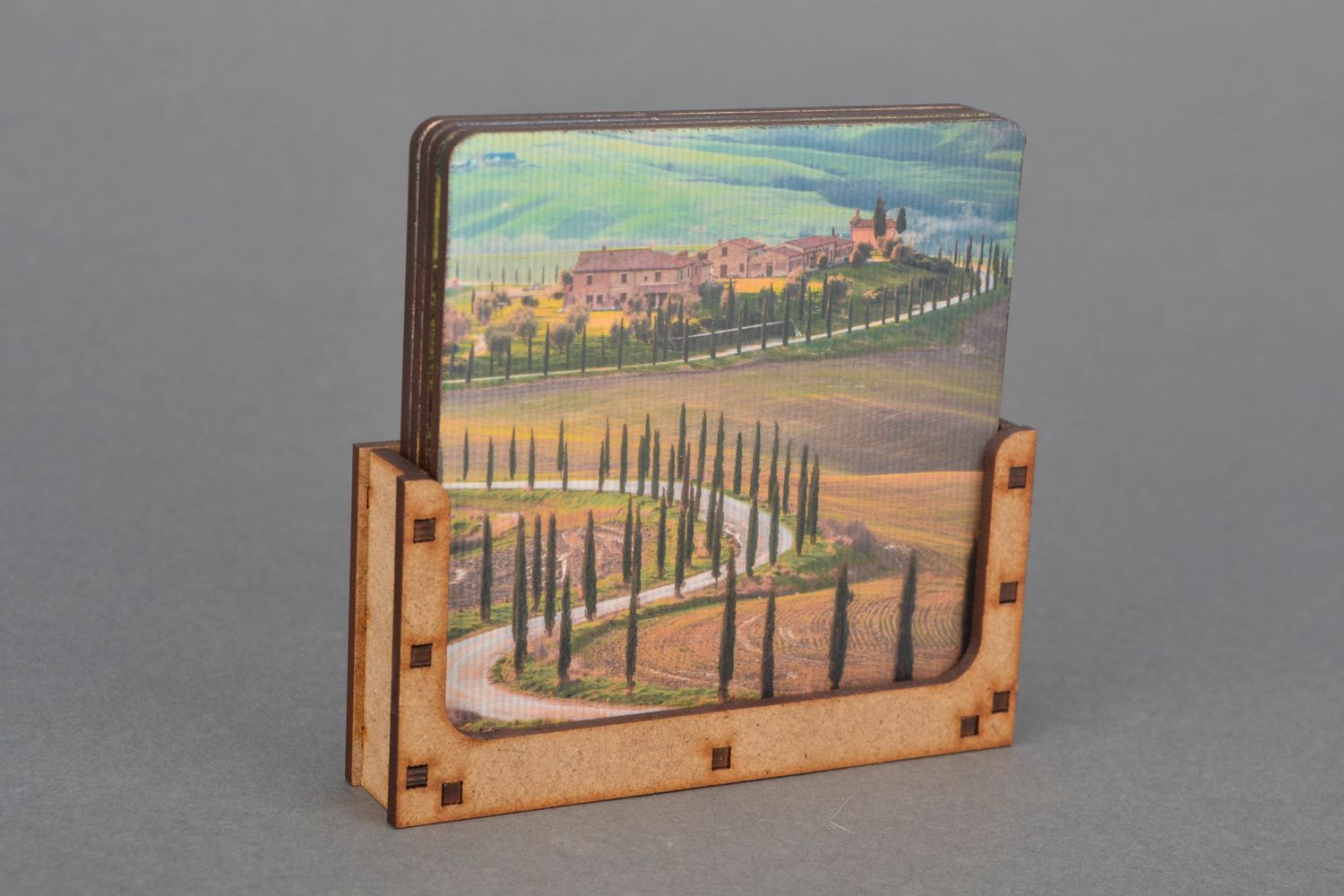 Dessous-de-verre carrés en bois avec imprimé faits main photo 4