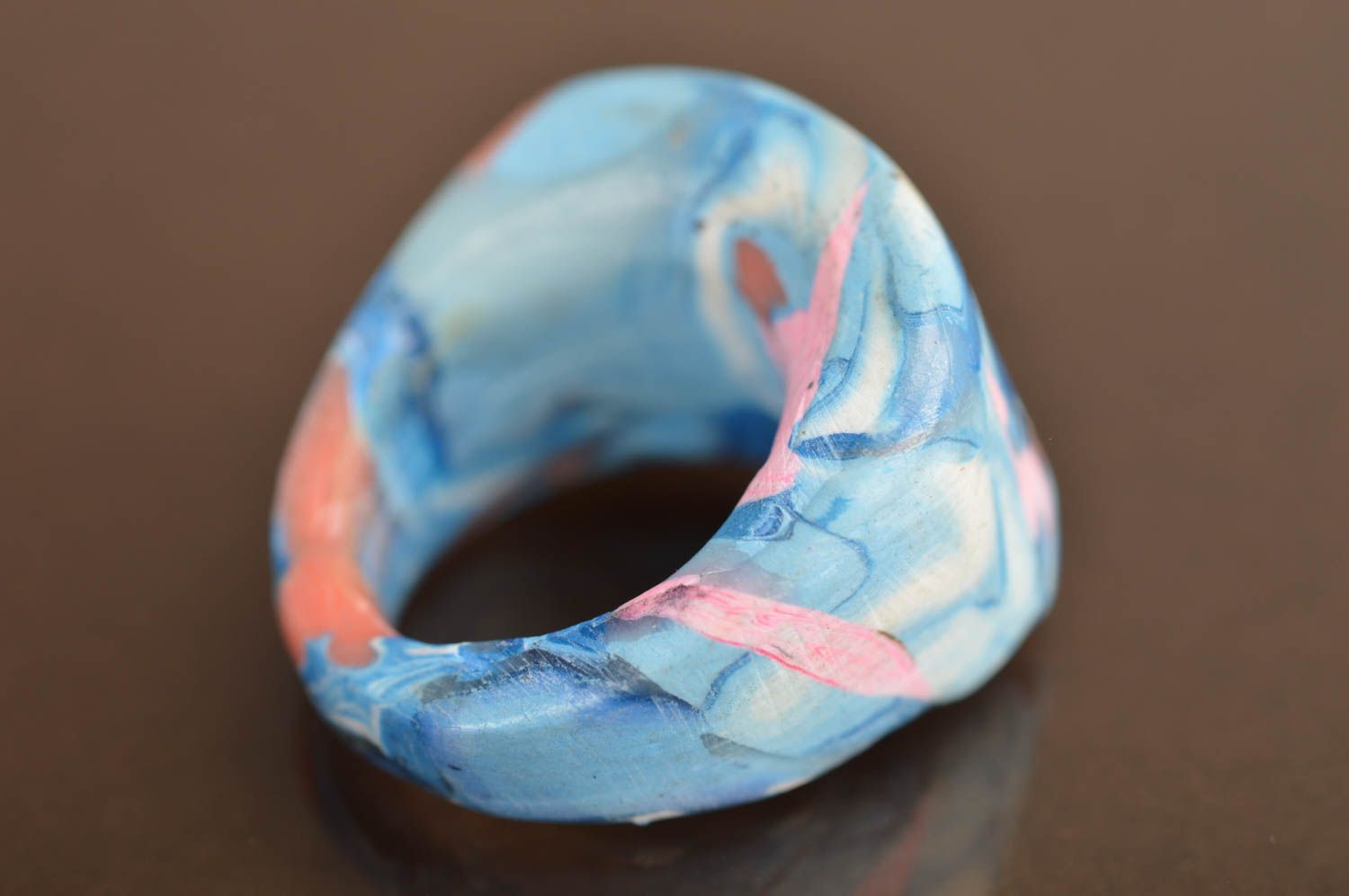 Designer handmade polymer clay ring in blue tones decorative summer accessory photo 3