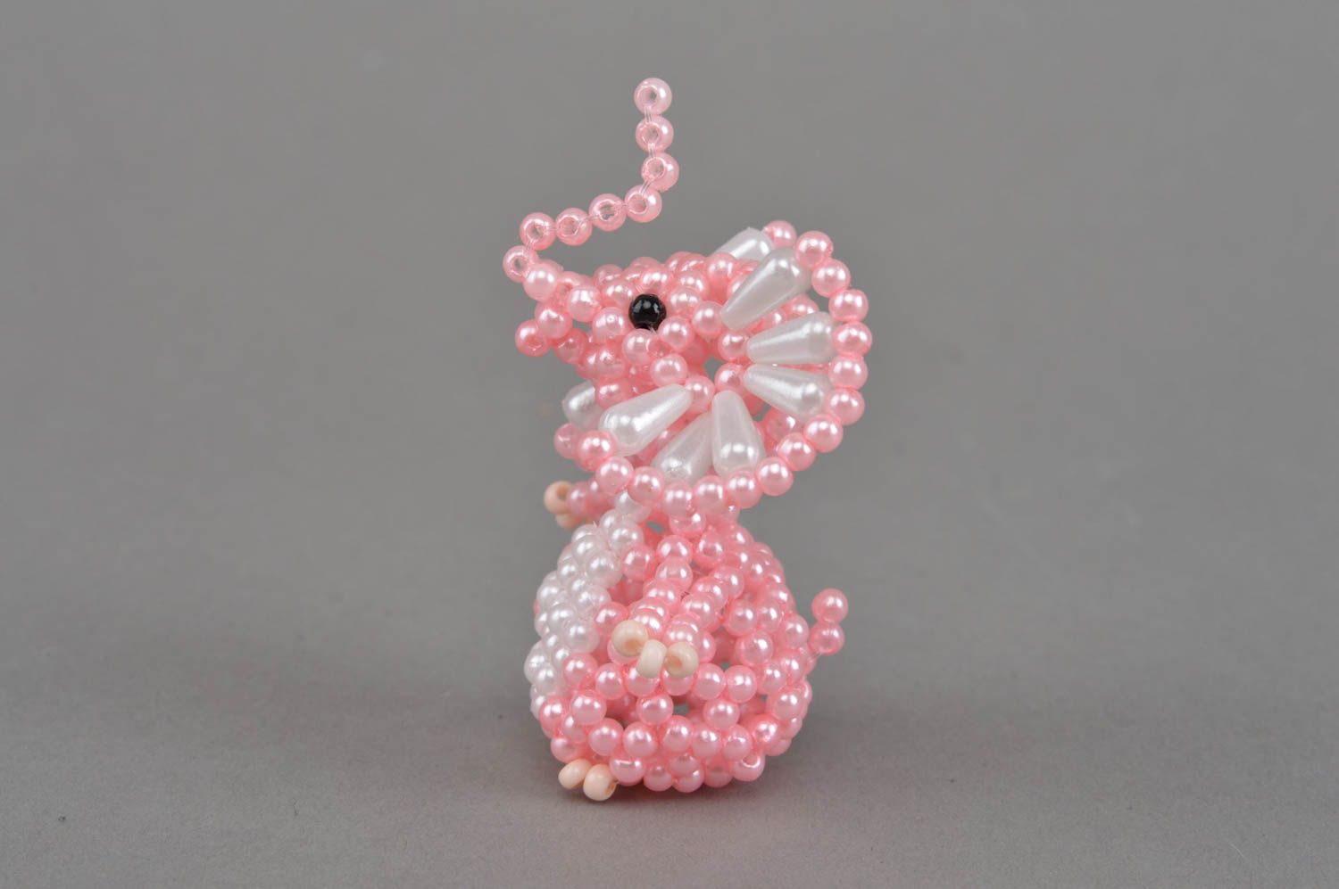 Small homemade collectible handmade beaded statuette of pink elephant for decor photo 4