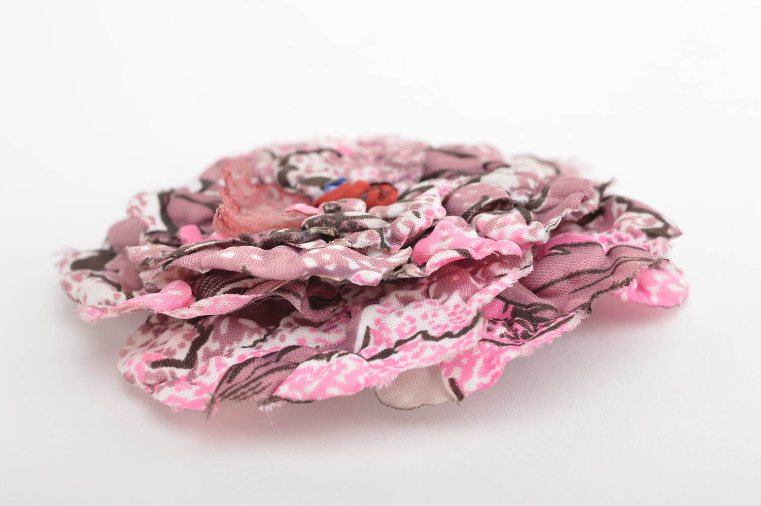 Оригинальная заколка брошь из ткани хлопка в виде цветка розовая ручной работы фото 5