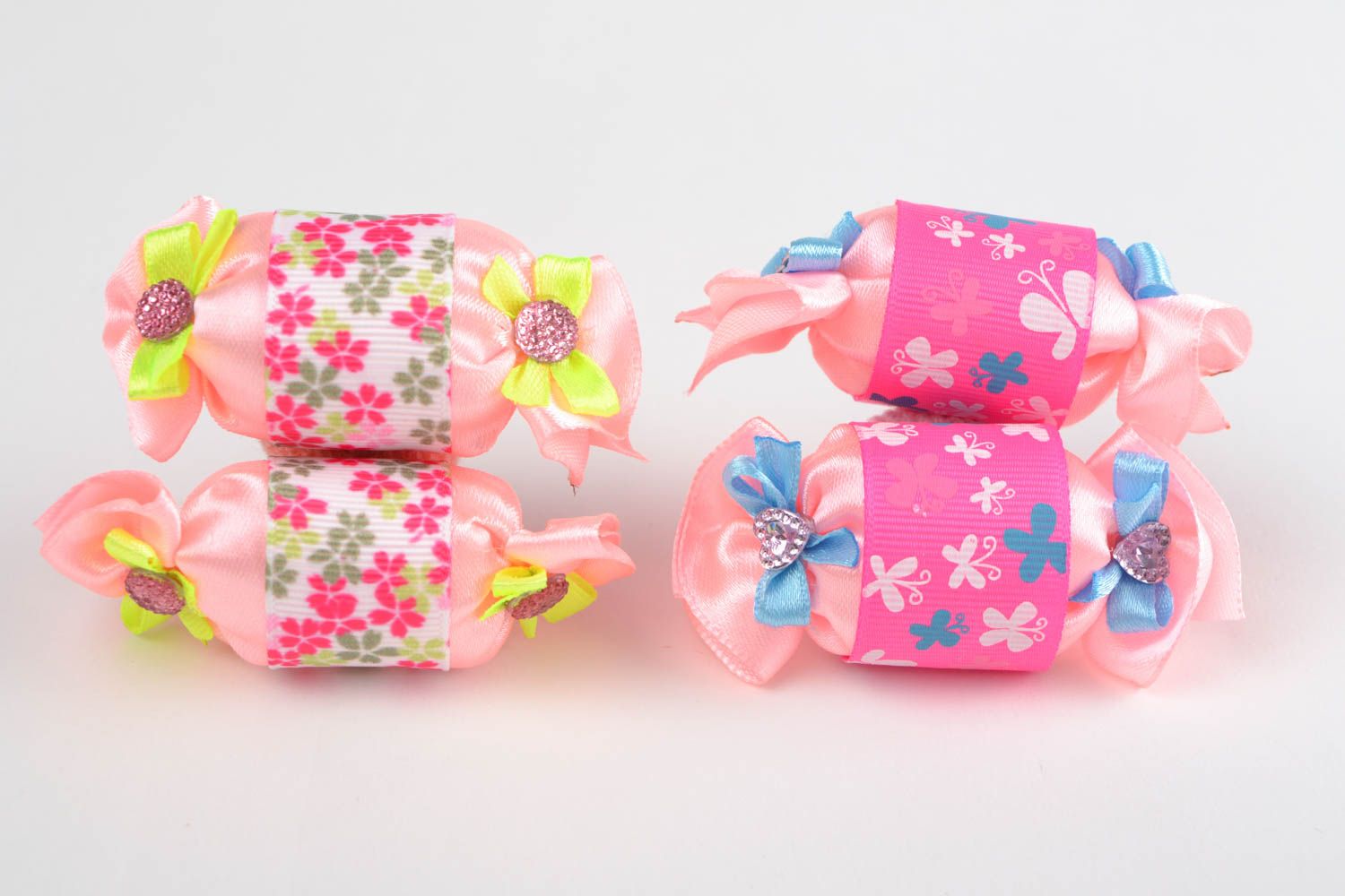 Children's handmade designer textile ribbon hair ties set 4 pieces Candies photo 3