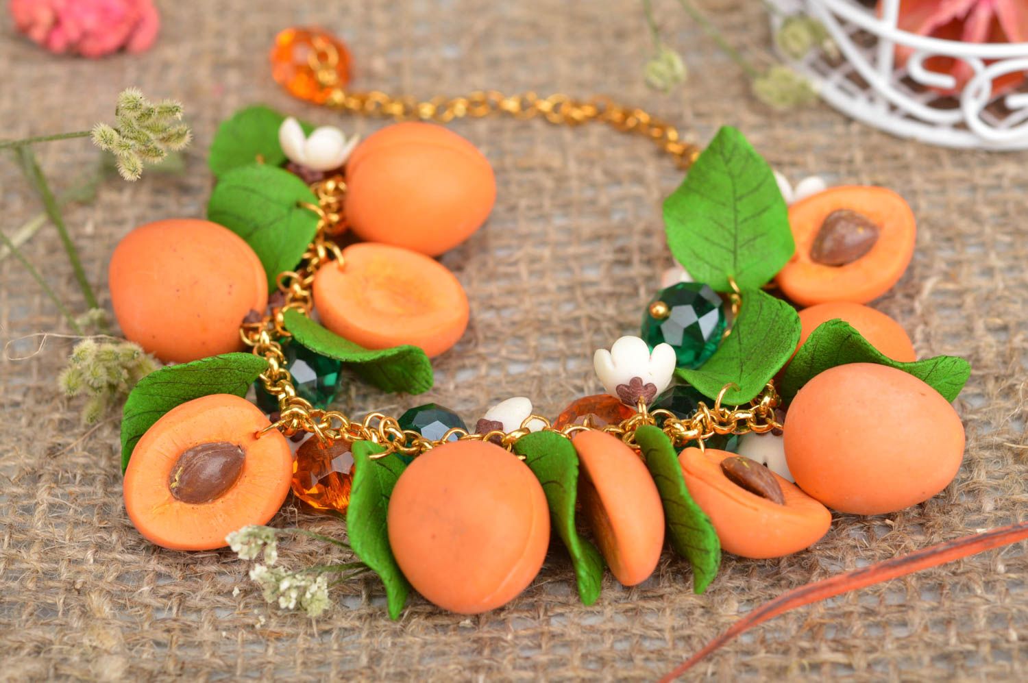 Apricot beads' bracelet with green leaves. Great gift for a woman photo 1