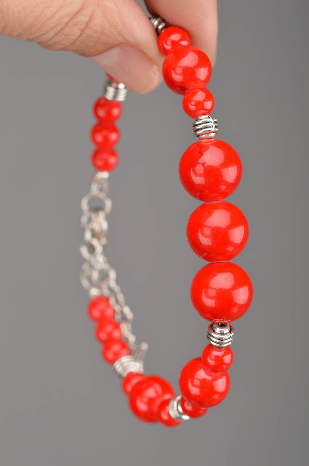 Unusual beautiful homemade designer wrist bracelet with red beads gift for girls photo 2