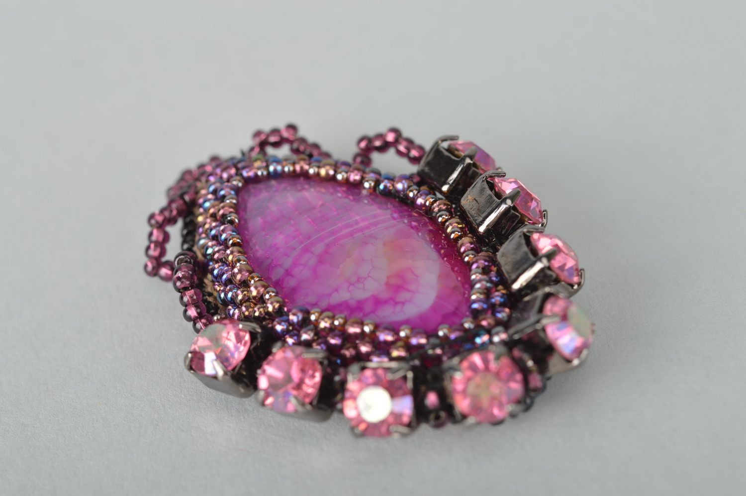 Pendentif agate perles de rocaille Bijou fait main ovale violet Cadeau femme photo 2