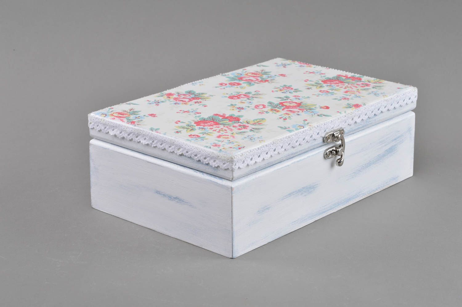 Handmade designer decoupage wooden jewelry box white with floral pattern photo 1