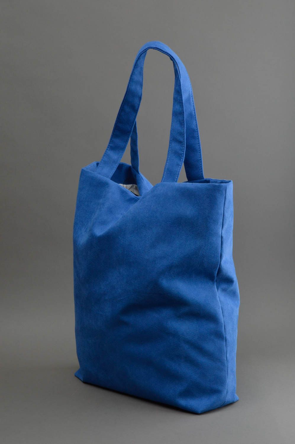 Синяя женская сумка мешок ручной работы с карманом из искусственной замши фото 2