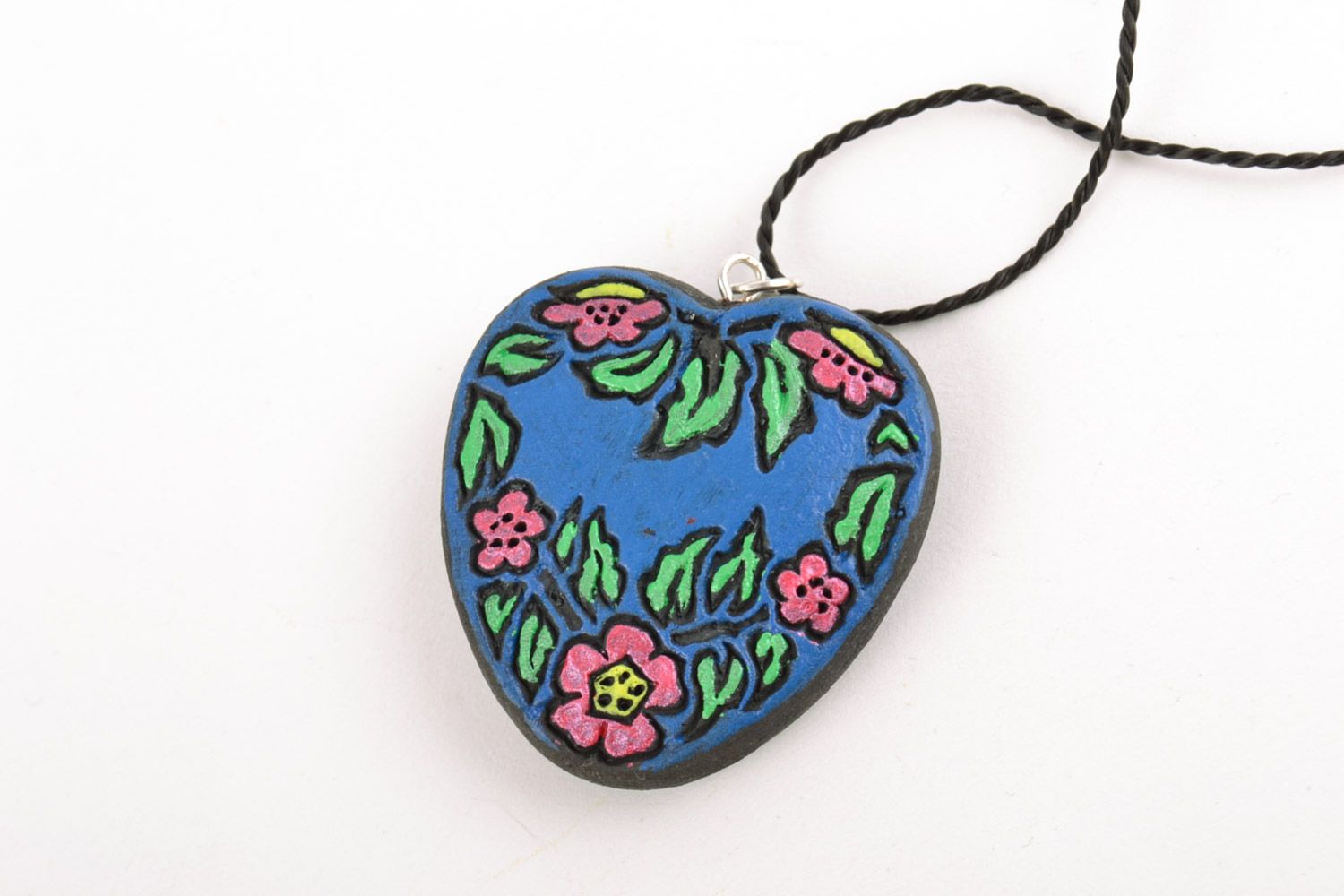 Heart shaped blue handmade painted clay neck pendant with black cord photo 5