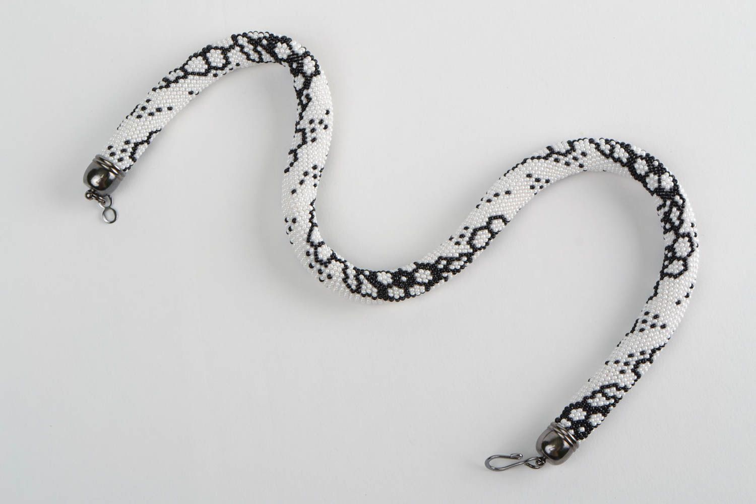 Beautiful black and white handmade beaded cord necklace designer jewelry photo 3