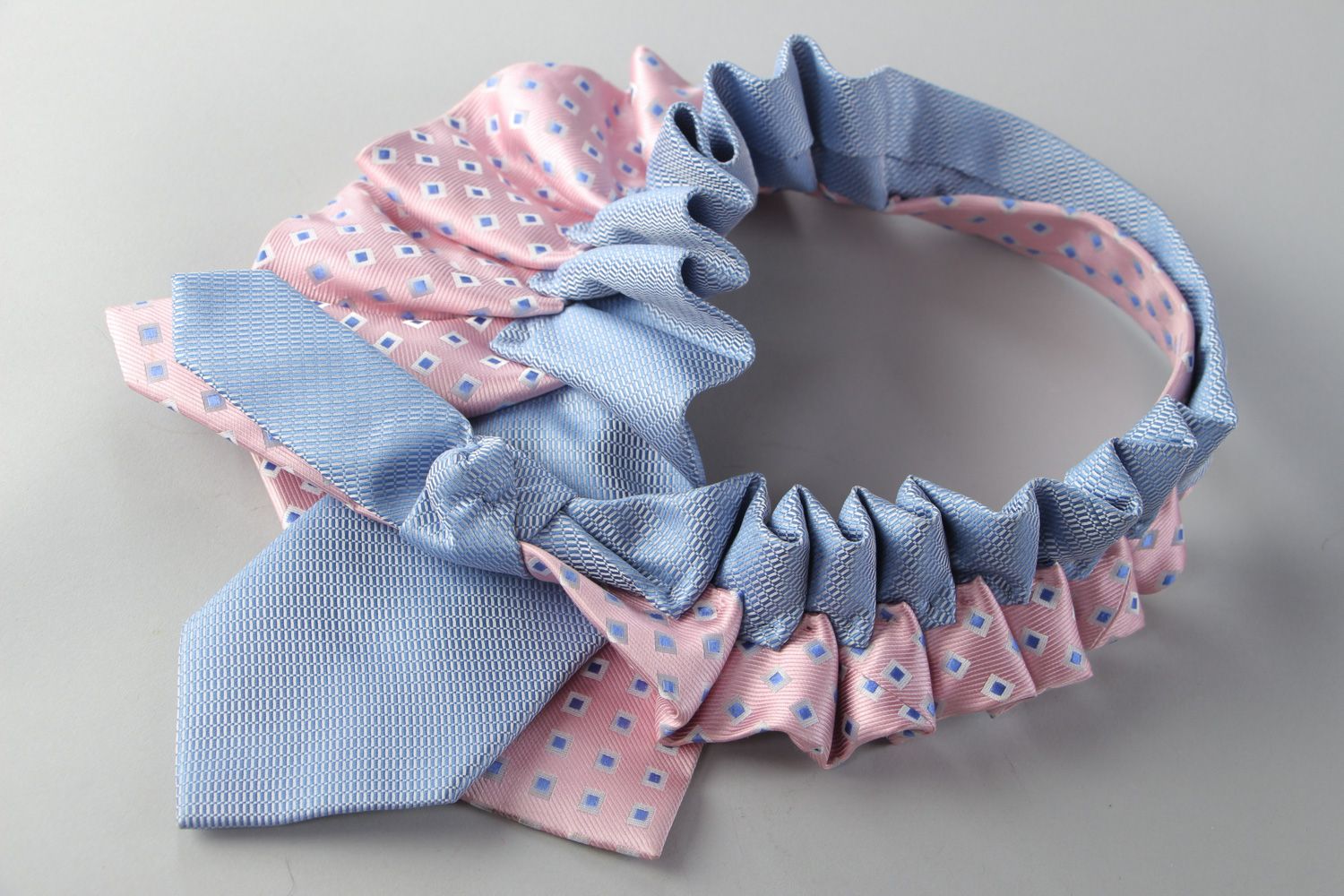 Tender fabric pink and blue collar necklace sewn of neck ties handmade photo 2