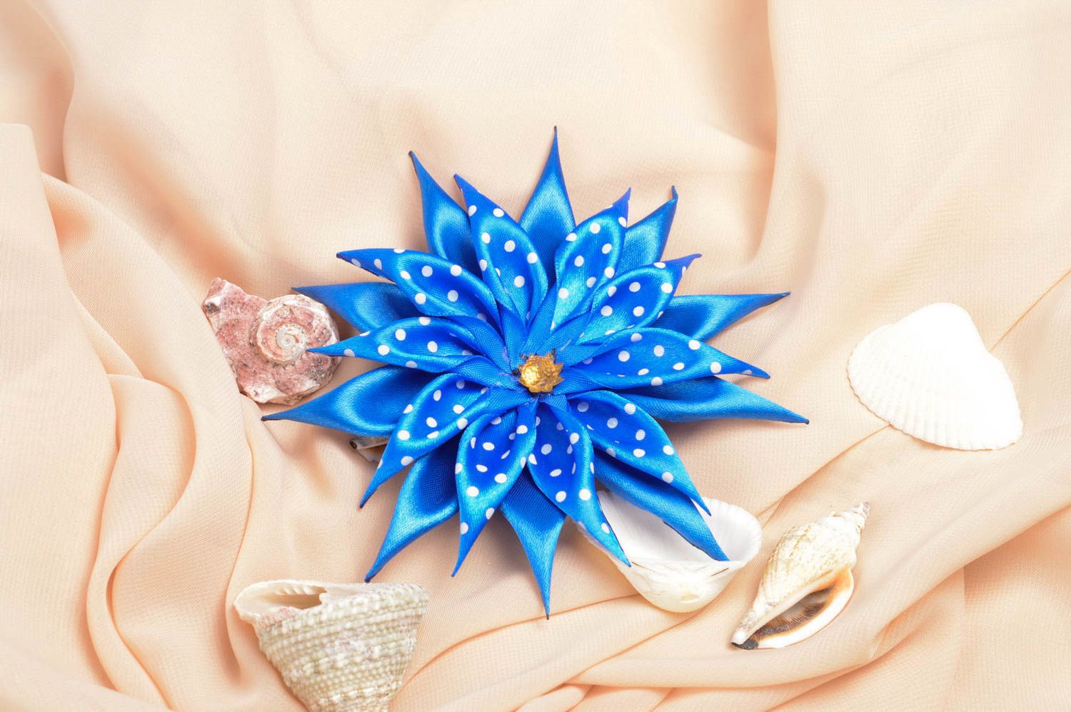 Pince cheveux faite main Barrette fleur bleue à pois satin Accessoire pour fille photo 1