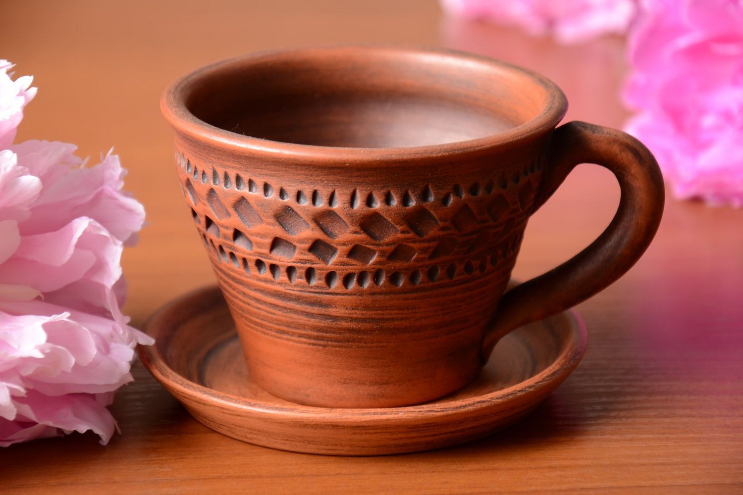 Taza cerámica 300 ml y platillo artesanales marrones bonitos para té foto 5