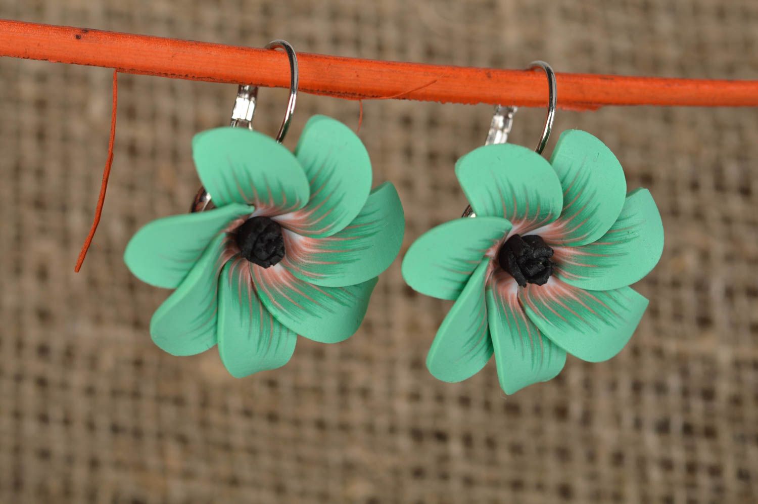 Handmade green big beautiful cute flower earrings made of polymer clay  photo 1