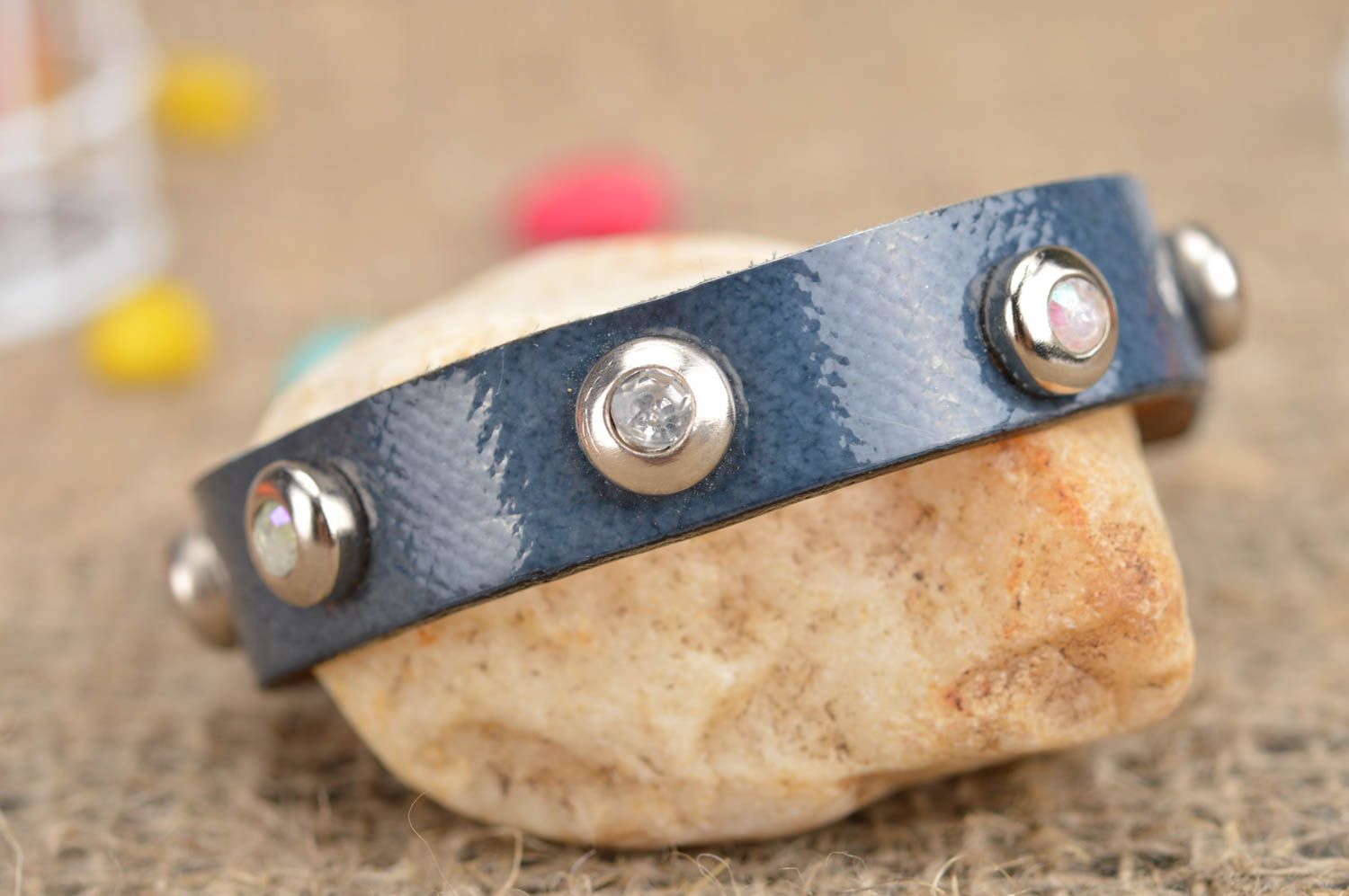 Exclusive handmade delicate leather bracelet with rivets in blue color photo 1