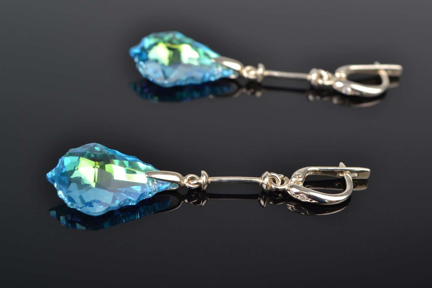 Handmade festive long evening earrings with Austrian stones of blue color photo 1