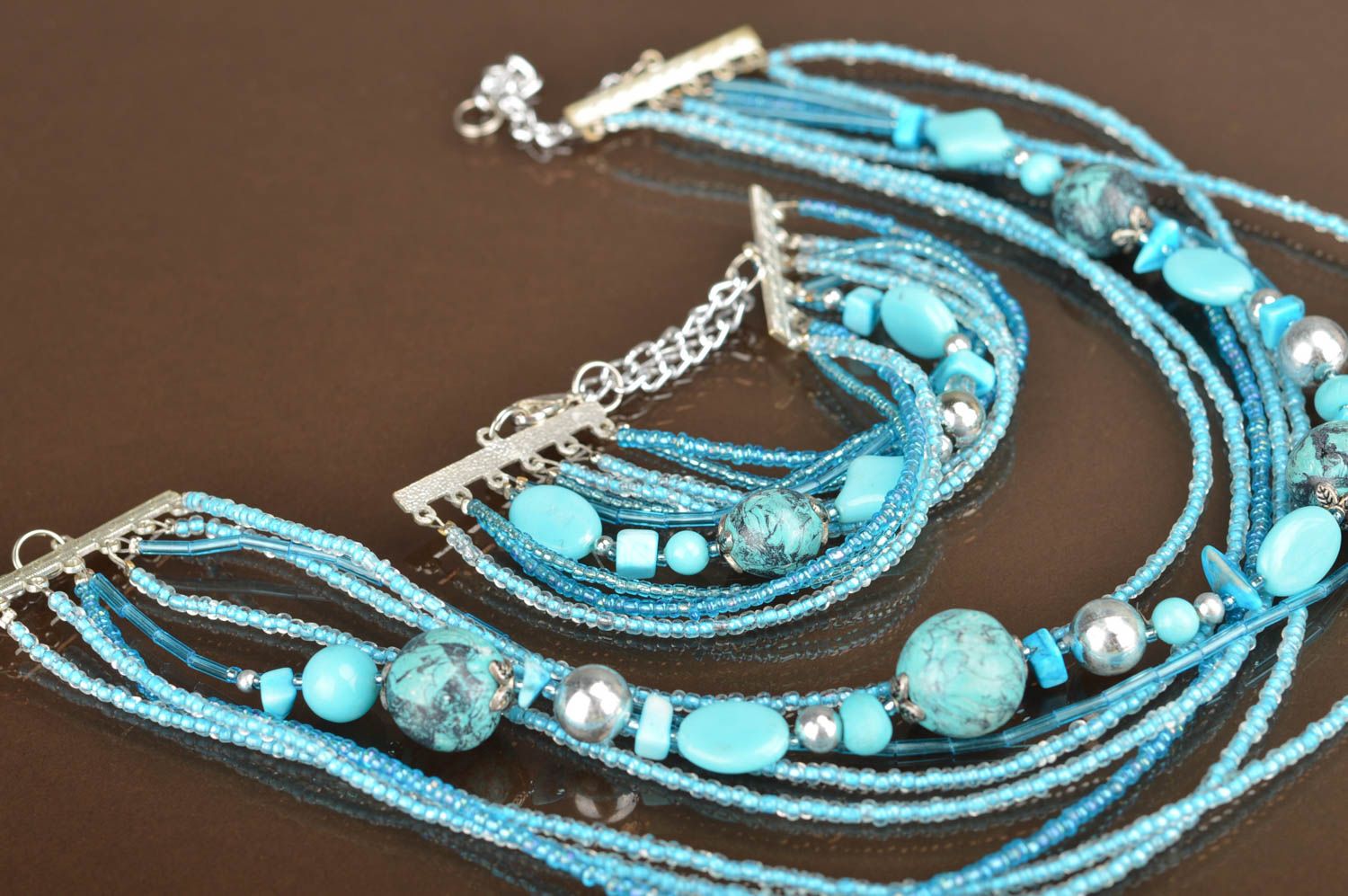 Handgemachtes schönes elegantes Glasperlen Schmuckset in Blau Collier Armband  foto 5