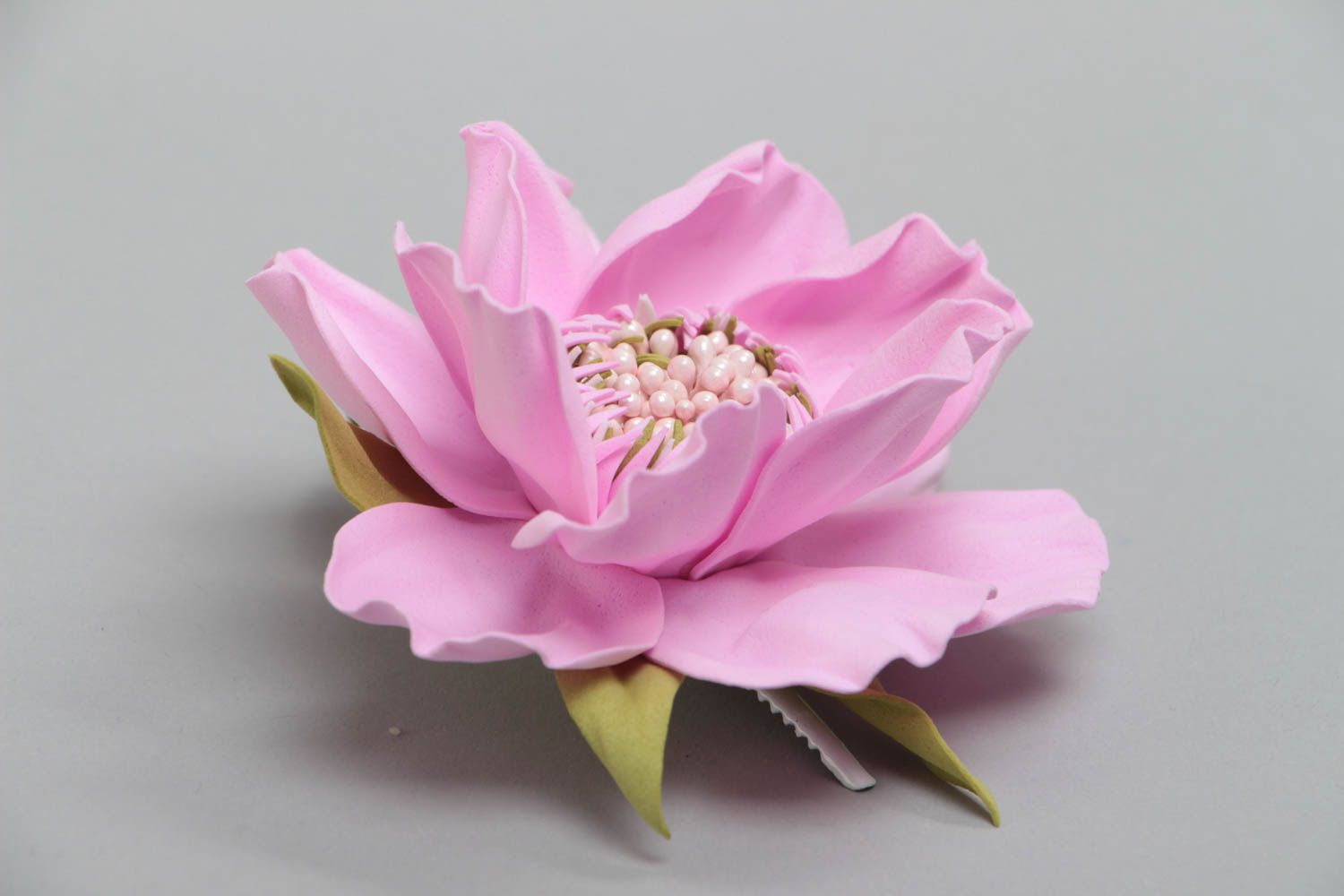 Large pink handmade designer foamiran fabric flower hair clip for women photo 3