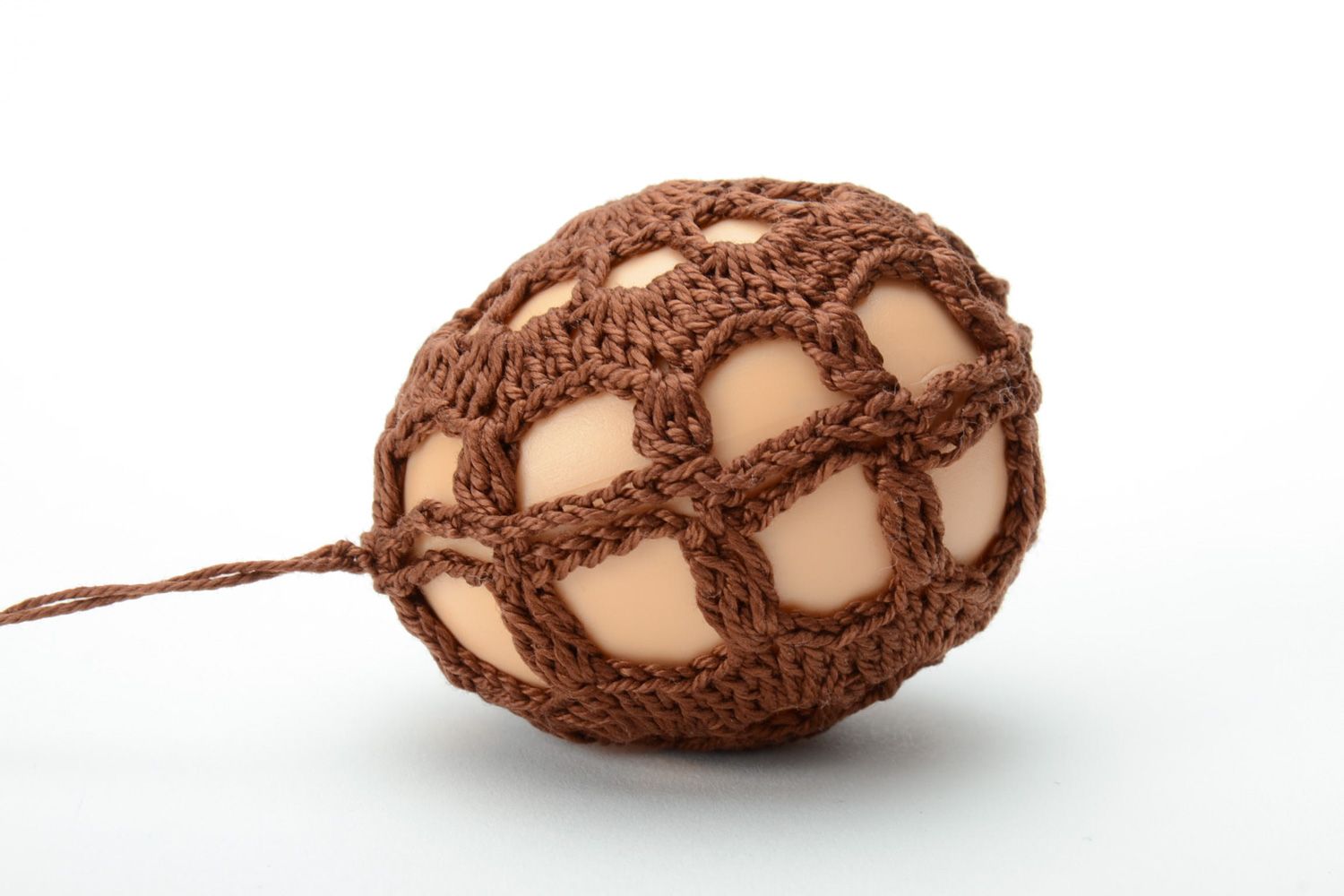 Handmade brown Easter egg woven over with cotton threads photo 4