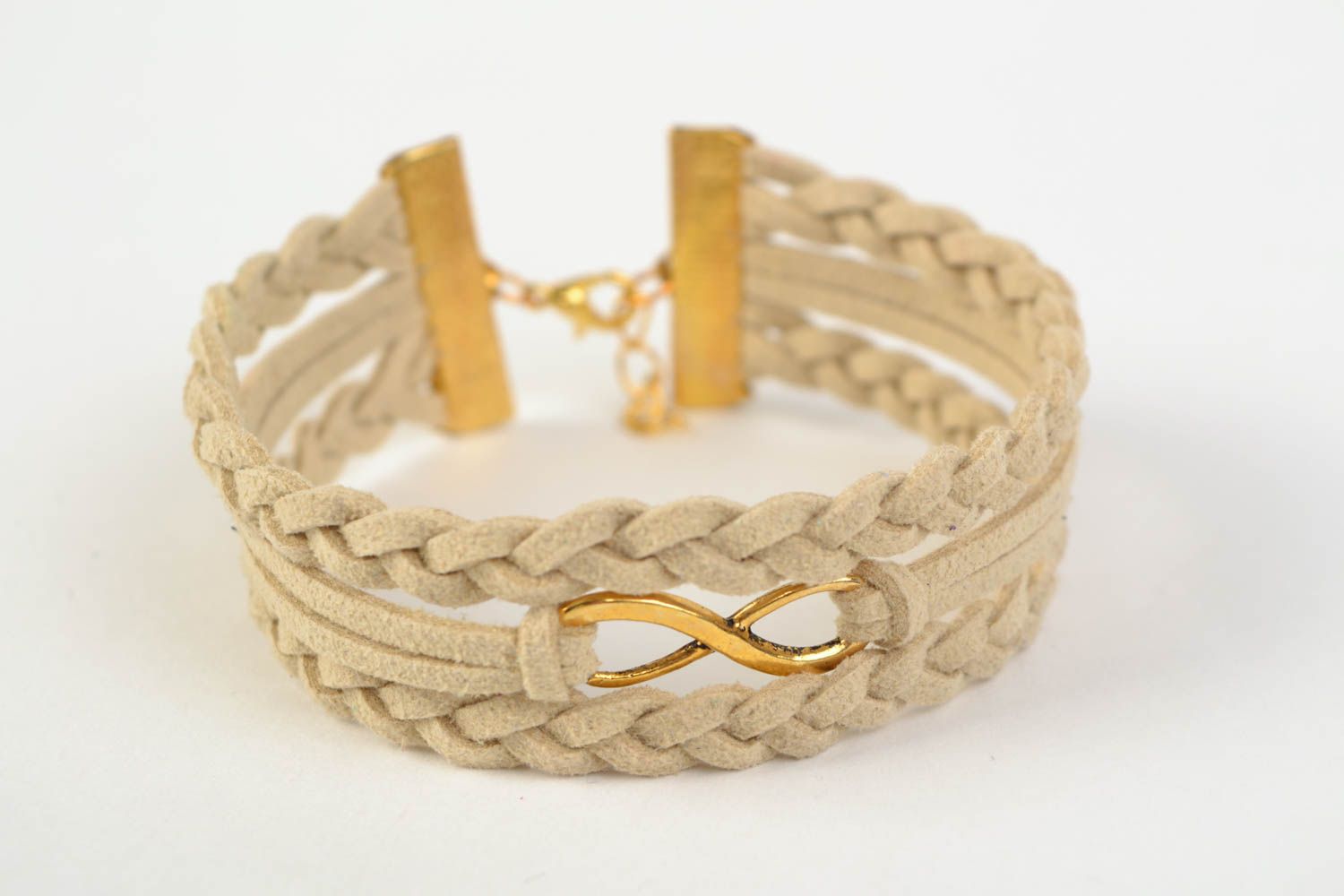 Stylish beige woven suede cord bracelet handmade Infinity photo 3