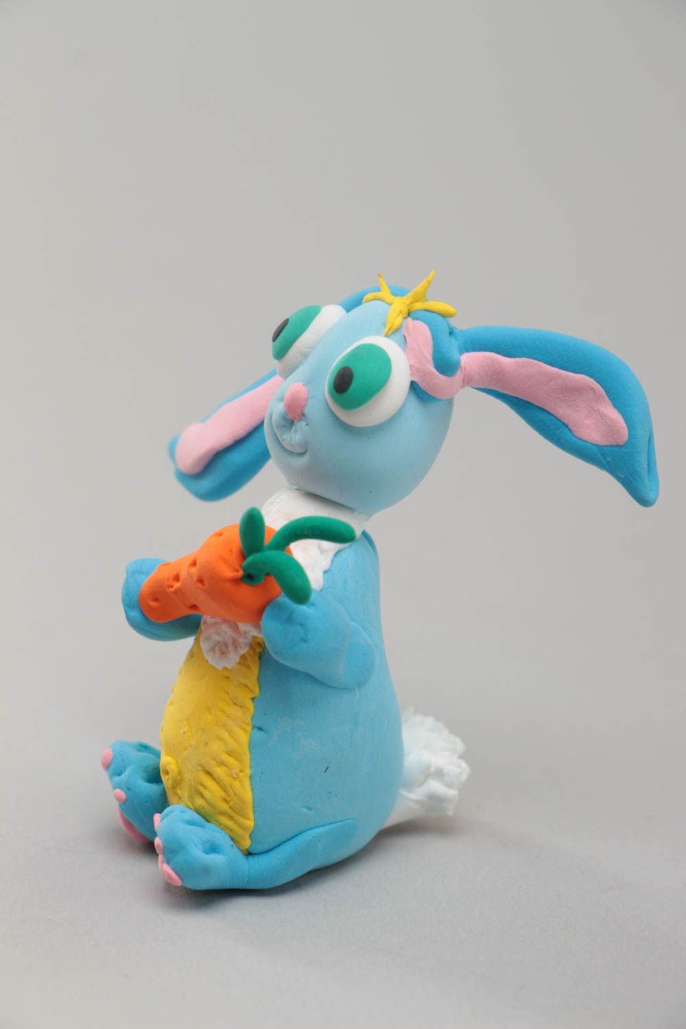 Funny handmade children's polymer clay statuette of blue hare photo 3