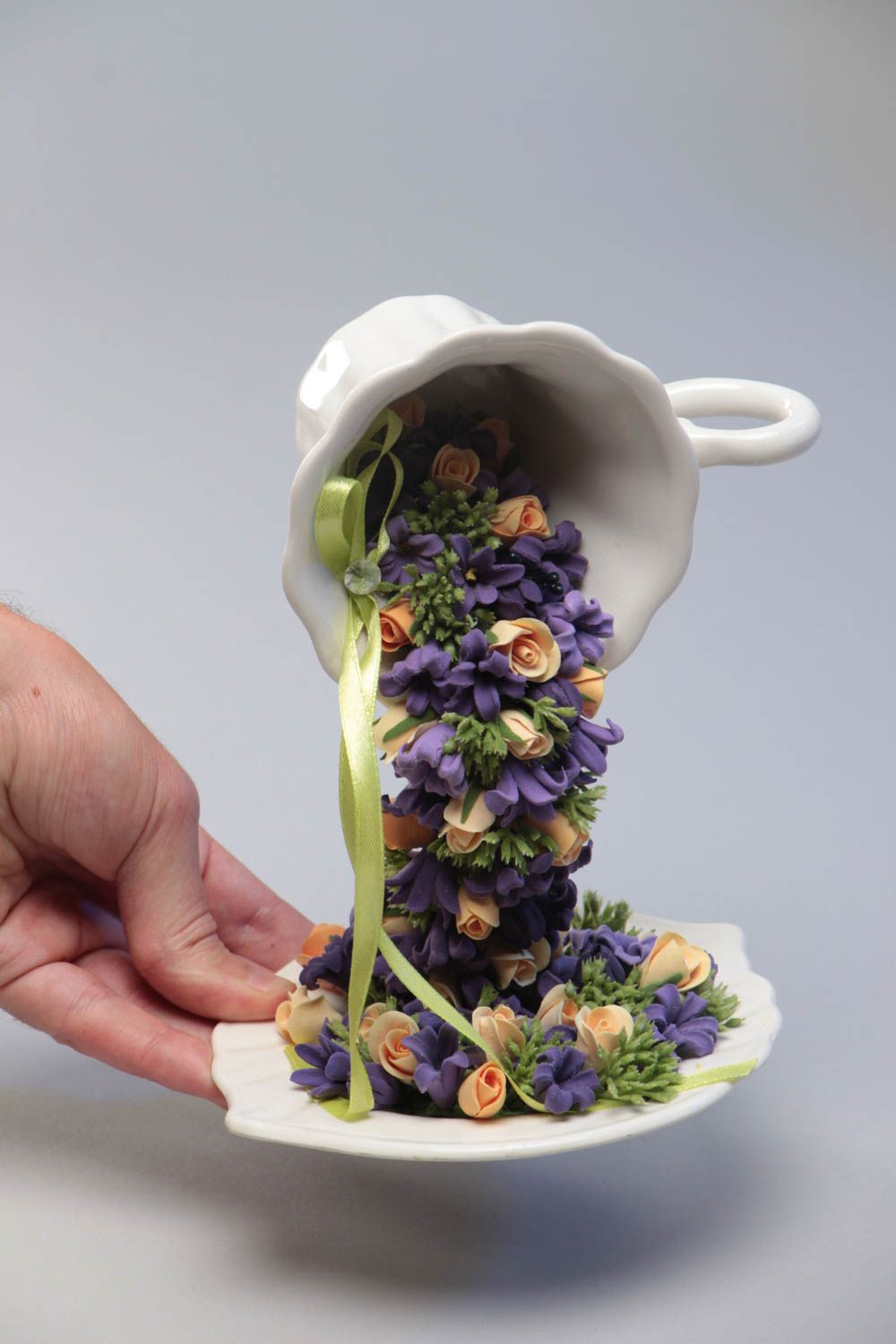 Fiori artificiali in tazza fatti a mano figurina decorativa argilla polimerica foto 5
