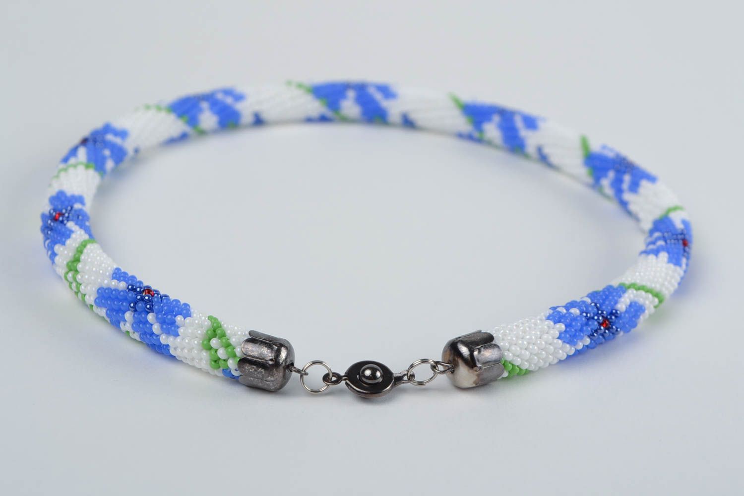 Beautiful handmade designer woven beaded cord necklace white with cornflowers photo 4