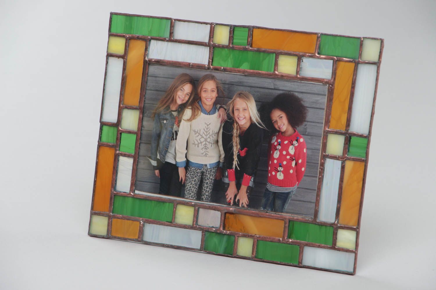 Handmade decorative stained glass photo frame in green and yellow color palette photo 2